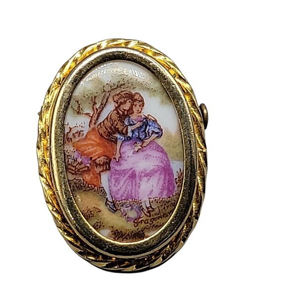 Limoges France Porcelain Brooch Antique Sisters Enamel Design Gold Tone Frame - Picture 1 of 8